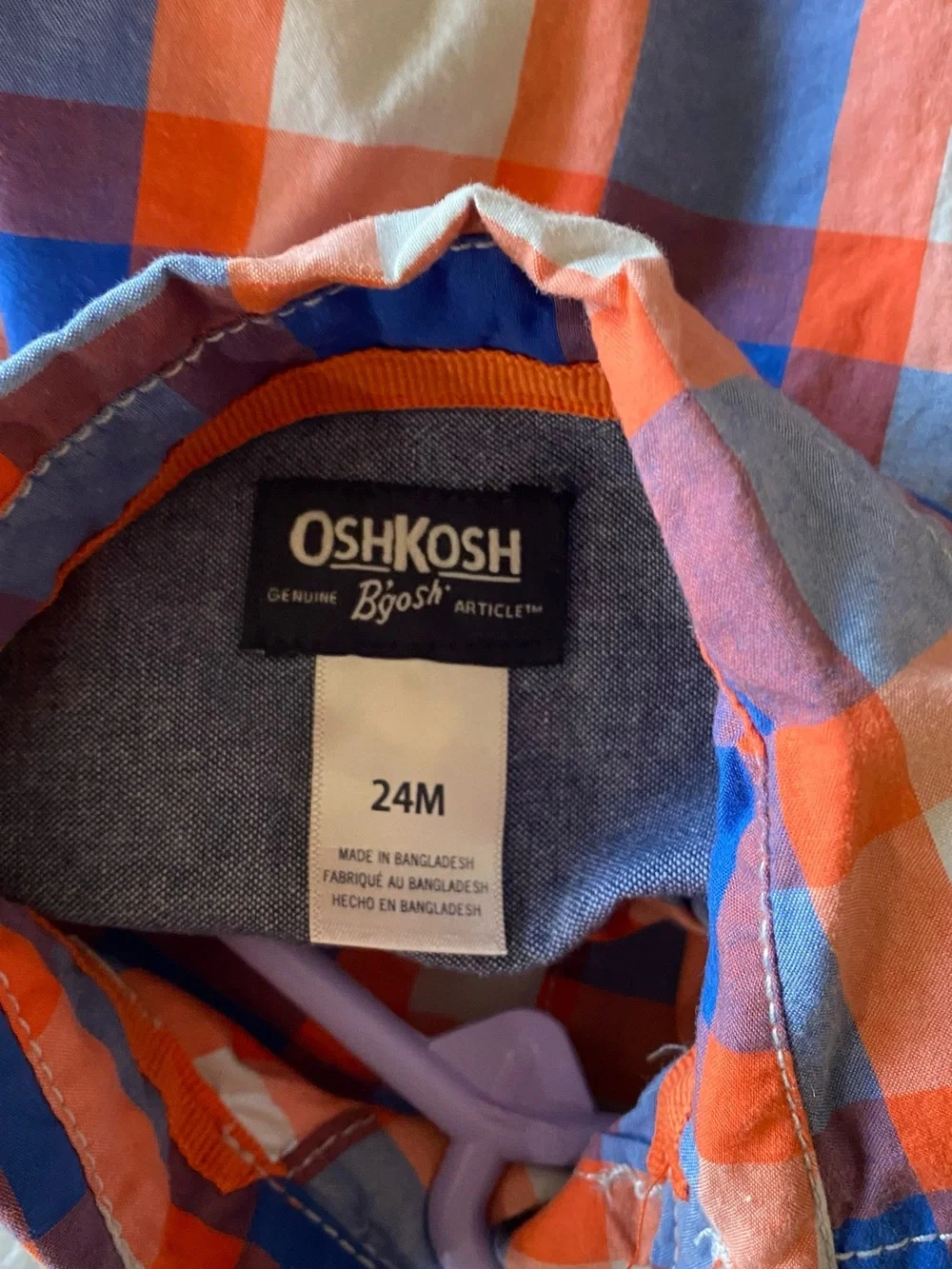OshKosh B'gosh Orange and Blue Plaid Baby Button-Up. New. 24M